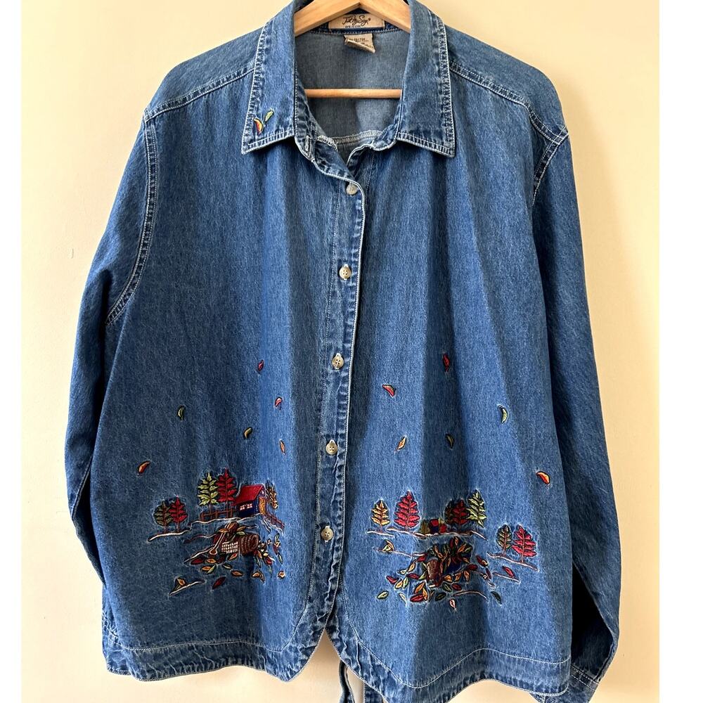 Vintage 90s y2k Art Teacher Fall Trees Leaves Jean Denim Shirt Women's 22W 24W